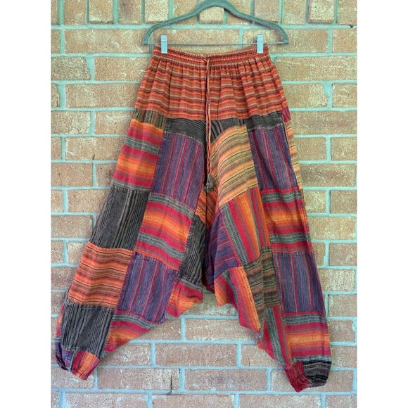 Colorful Patchwork Cotton Harem Hippie Pants Elastic Waist Made In Nepal - Picture 3 of 9